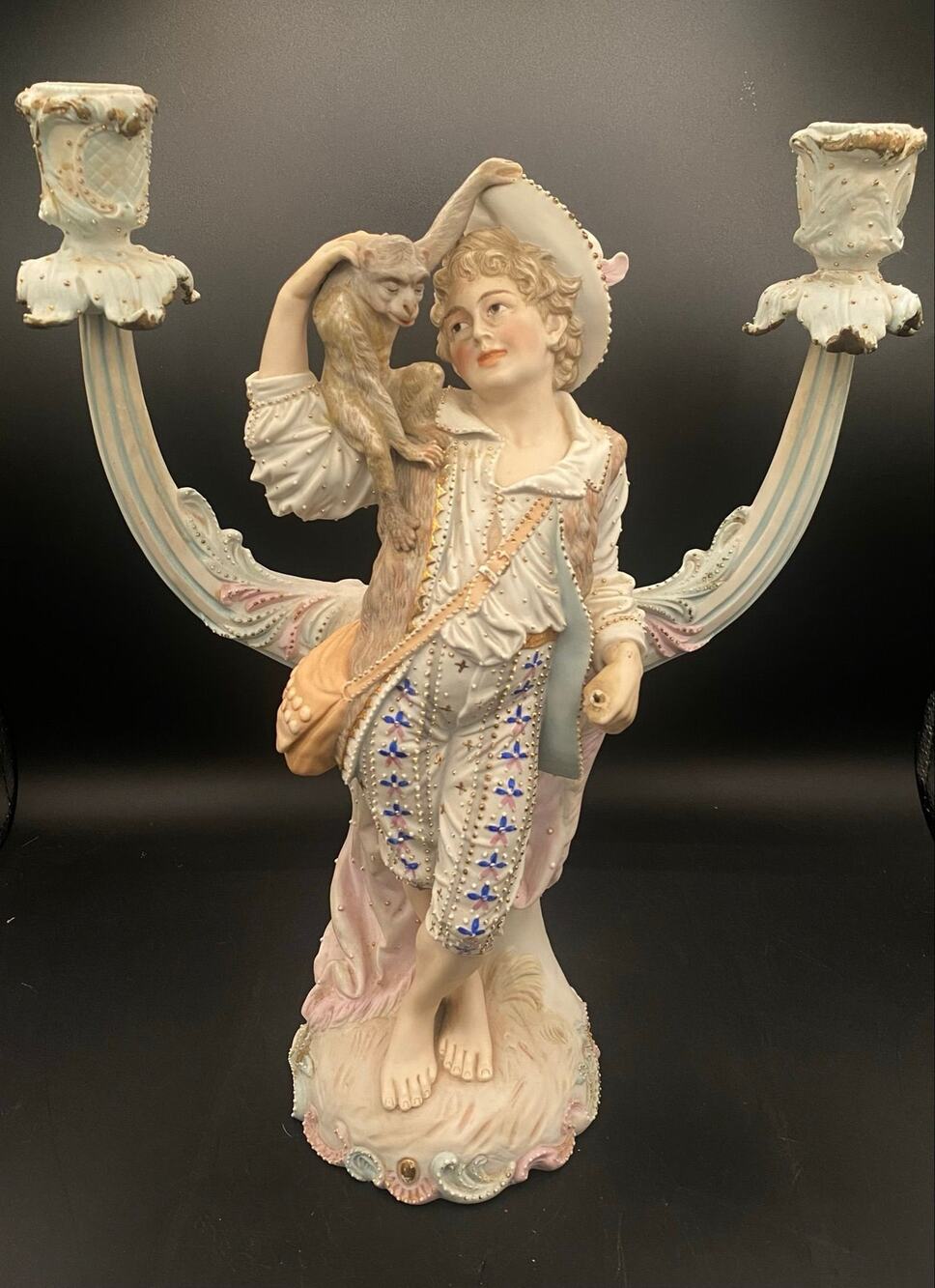 Antique German KPM Marked Dresden Style Figural Porcelain Candelabra w Monkey